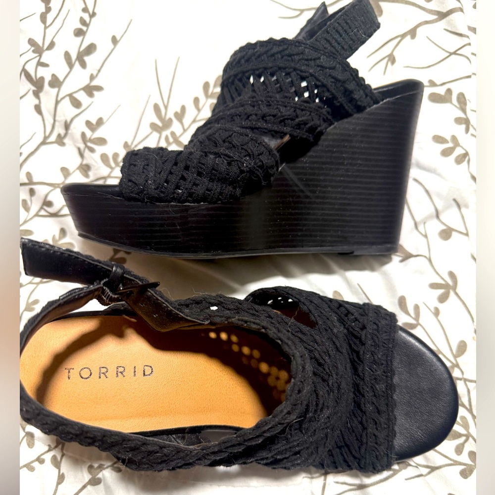 Torrid black wedge net sandals. Worn once. High wedge